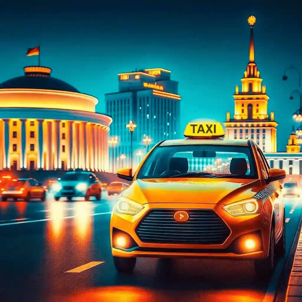 Жёлтое такси на переднем плане на фоне ночного города с ярко освещенными зданиями и движущимся транспортом