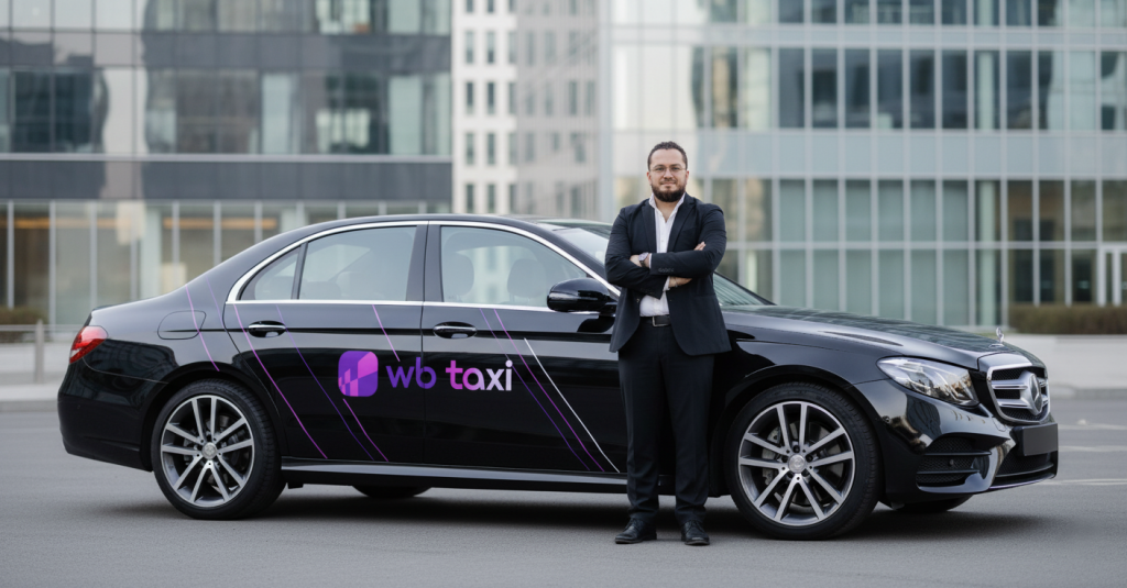 WB Taxi Минск — брендированный Mercedes E-Class в фирменных цветах с директором Михаилом Жигало на фоне делового квартала.