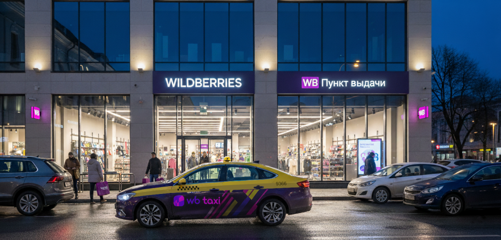 Изображение вечернего Минска с магазином Wildberries и корпоративным такси WB Taxi у входа